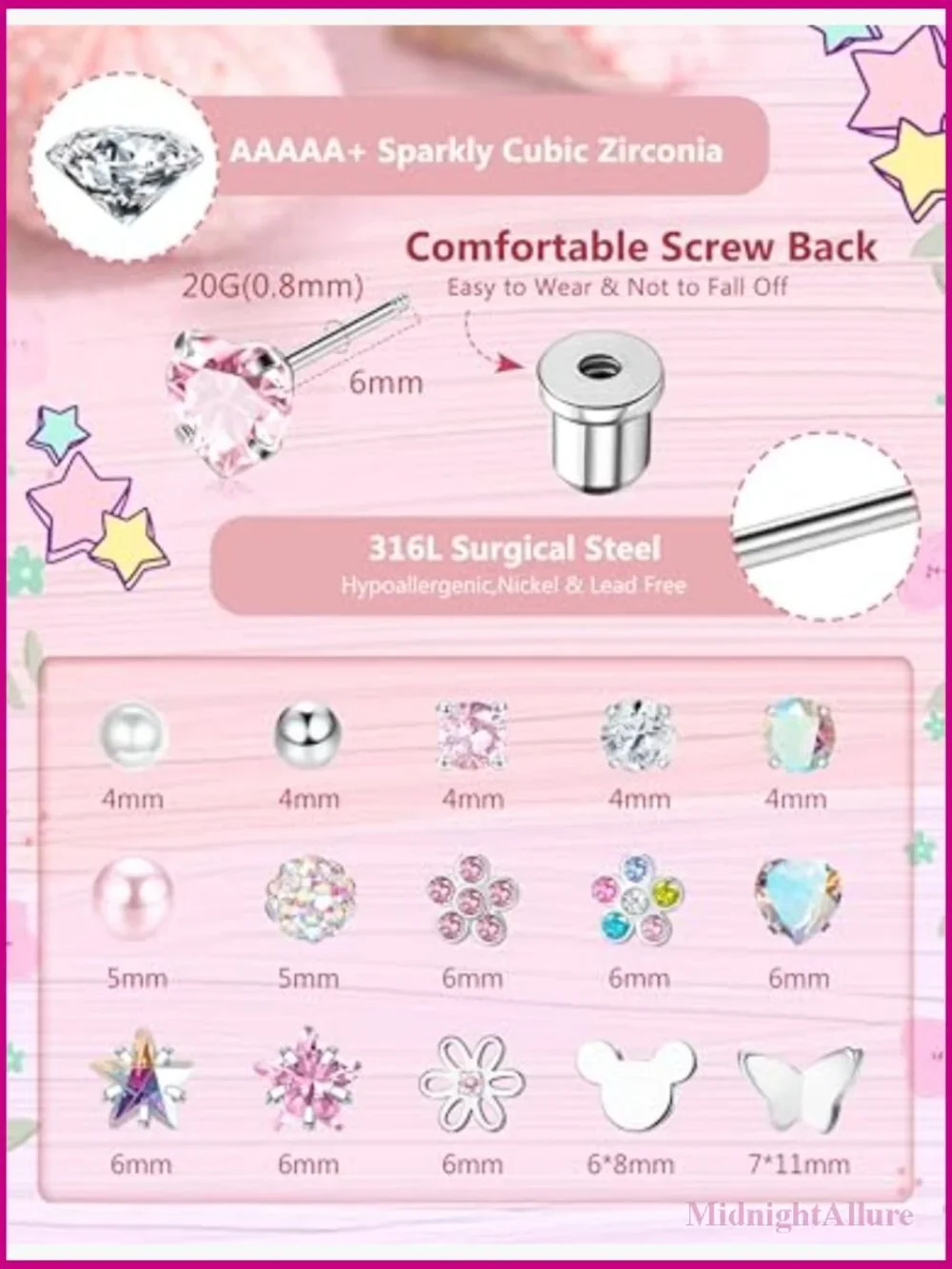 16 Pairs Hypoallergenic Screw Back Earrings Set 316L Stainless Steel CZ Studs